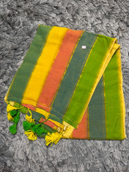 🌿 Multicolor Horizontal Patti Mul Cotton Saree — With Blouse & Tassels