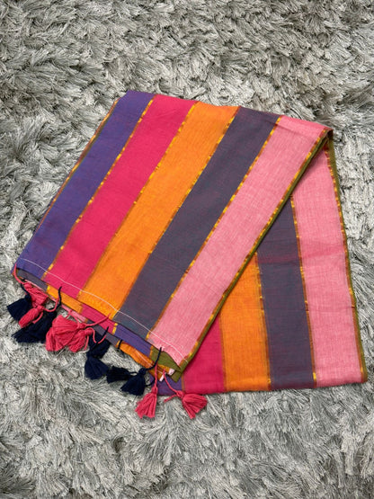 🌿 Multicolor Horizontal Patti Mul Cotton Saree — With Blouse & Tassels