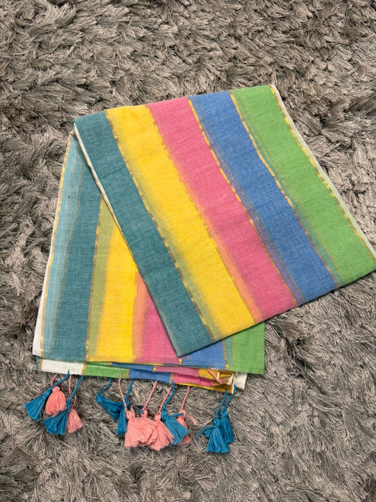 🌿 Multicolor Horizontal Patti Mul Cotton Saree — With Blouse & Tassels