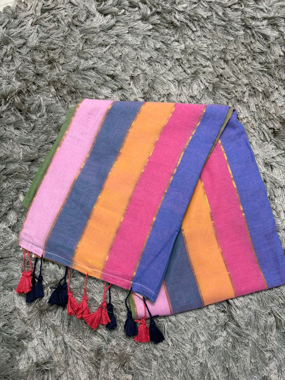 🌿 Multicolor Horizontal Patti Mul Cotton Saree — With Blouse & Tassels