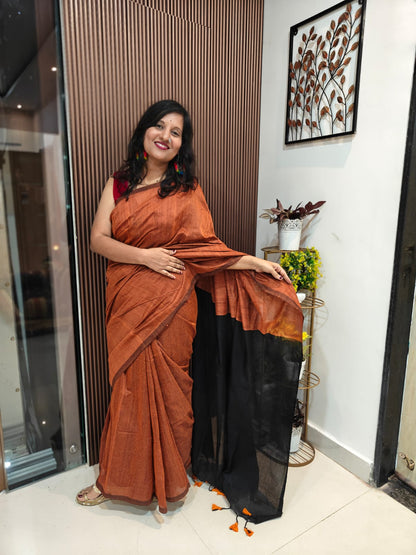 Anchal-Body Khadi Cotton Saree with Contrast Blouse & Tassels