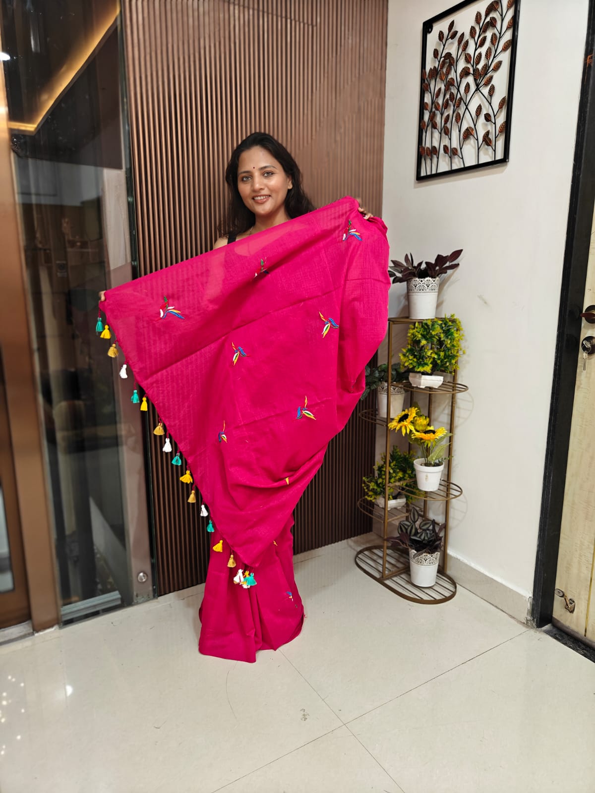 Khadi Cotton Saree with Embroidered Kingfisher