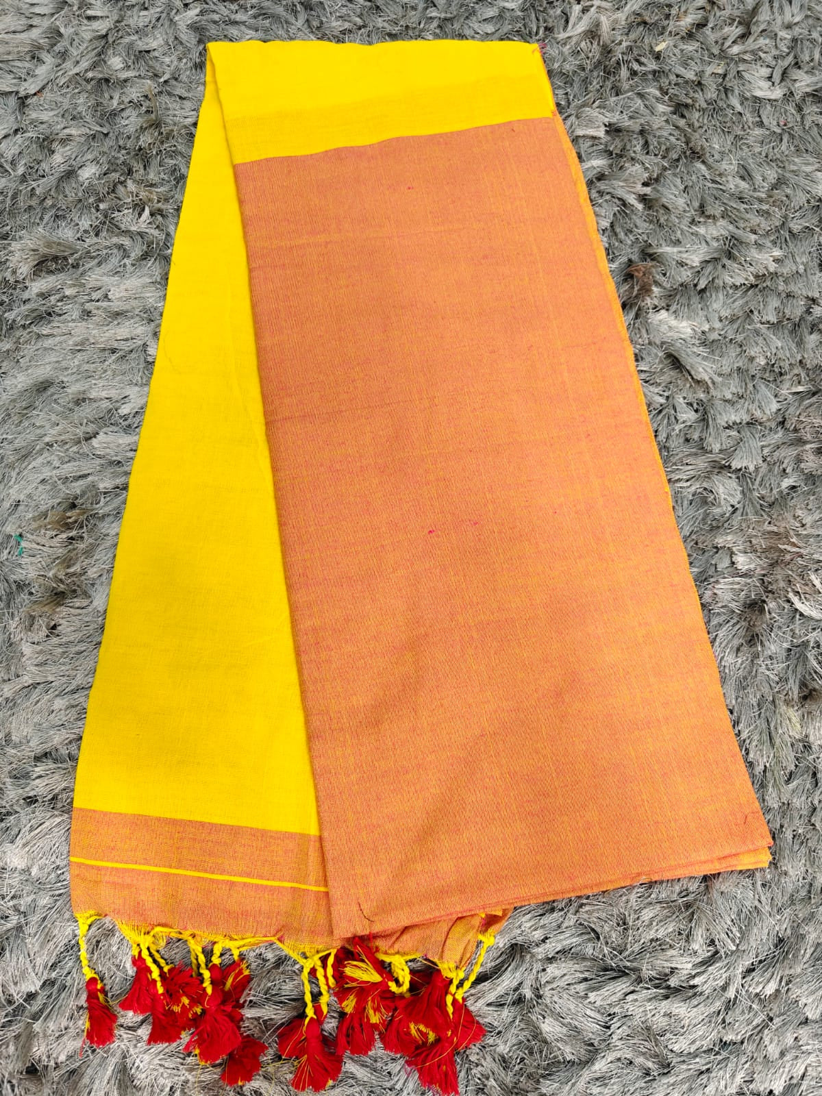 Anchal-Body Khadi Cotton Saree with Contrast Blouse & Tassels