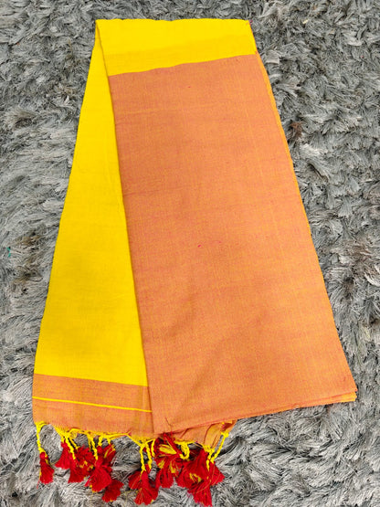 Anchal-Body Khadi Cotton Saree with Contrast Blouse & Tassels