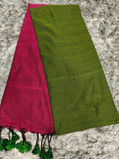 Anchal-Body Khadi Cotton Saree with Contrast Blouse & Tassels