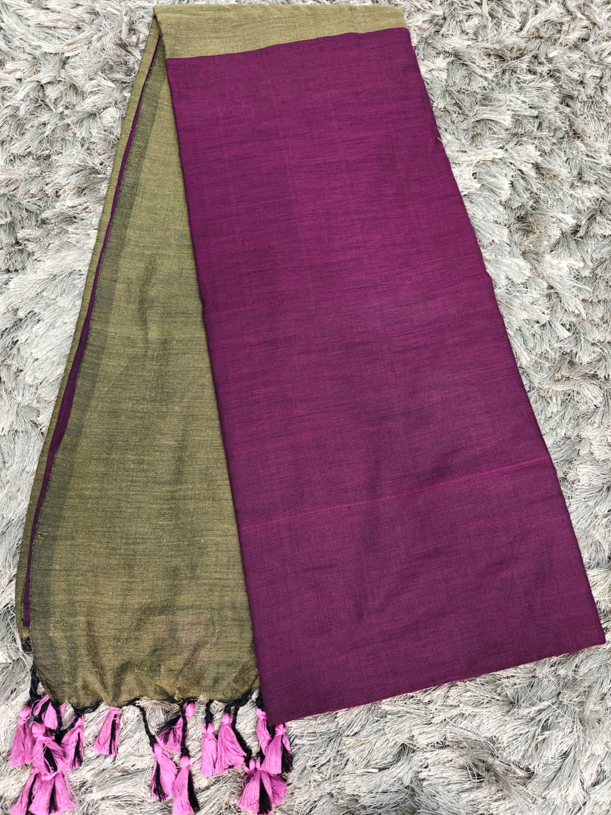 Anchal-Body Khadi Cotton Saree with Contrast Blouse & Tassels