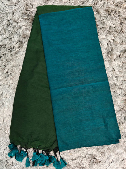 Anchal-Body Khadi Cotton Saree with Contrast Blouse & Tassels