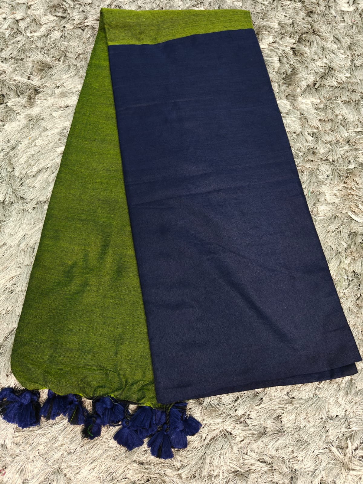 Anchal-Body Khadi Cotton Saree with Contrast Blouse & Tassels