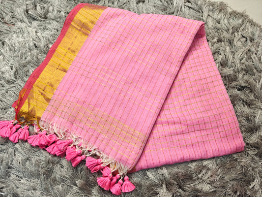 ✨ Mul Cotton Saree with Elegant Zari Checks & Border ✨